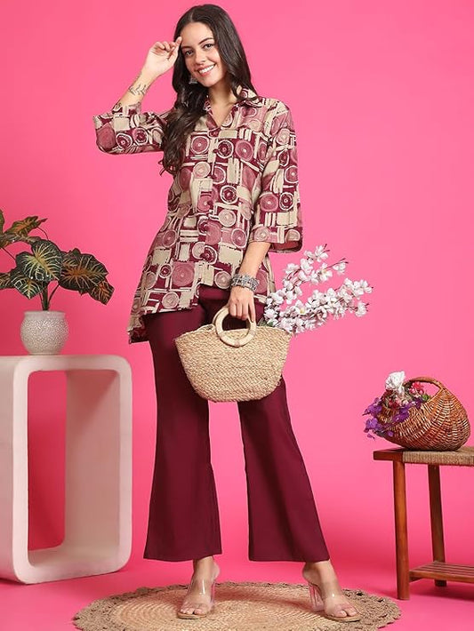 Maroon Printed Shirt Collar Ethnic Co-Ord Set for Women