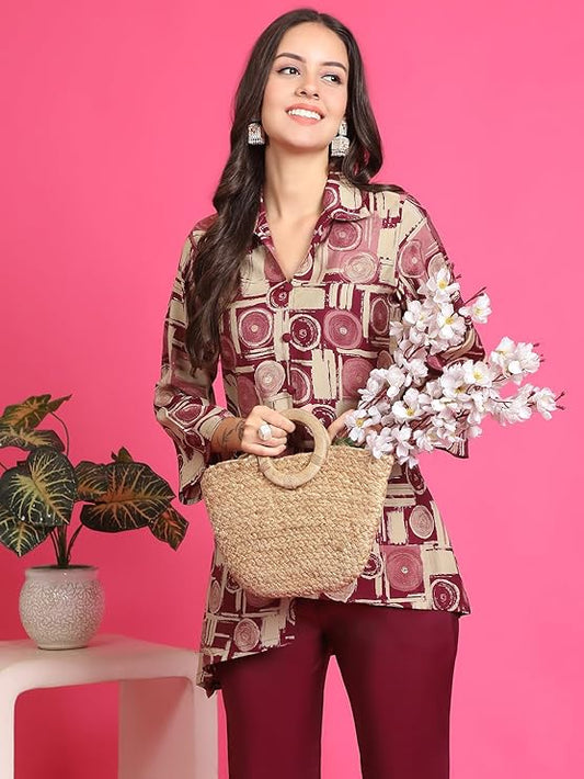 Maroon Printed Shirt Collar Ethnic Co-Ord Set for Women