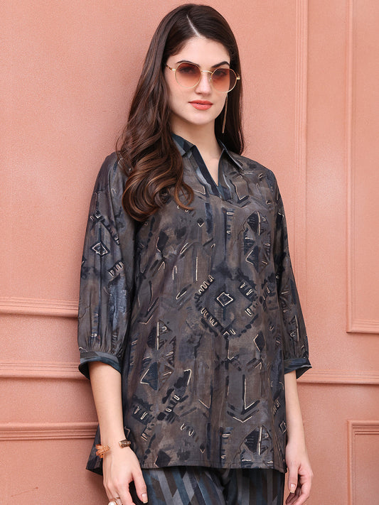 Grey Abstract Printed Chanderi Co-Ord Set for Women | S-3XL | Claura