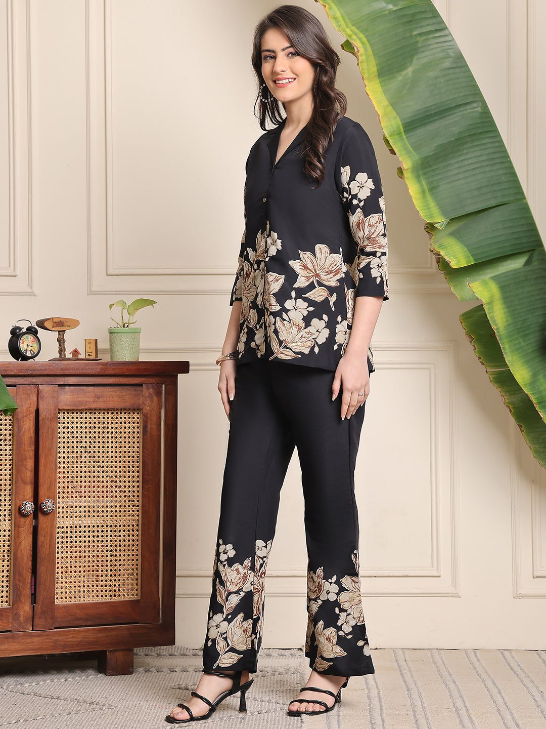 Black Floral Printed Premium Chanderi Co-Ord Set for Women | All Size |