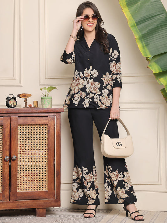 Black Floral Printed Premium Chanderi Co-Ord Set for Women |  All Size |