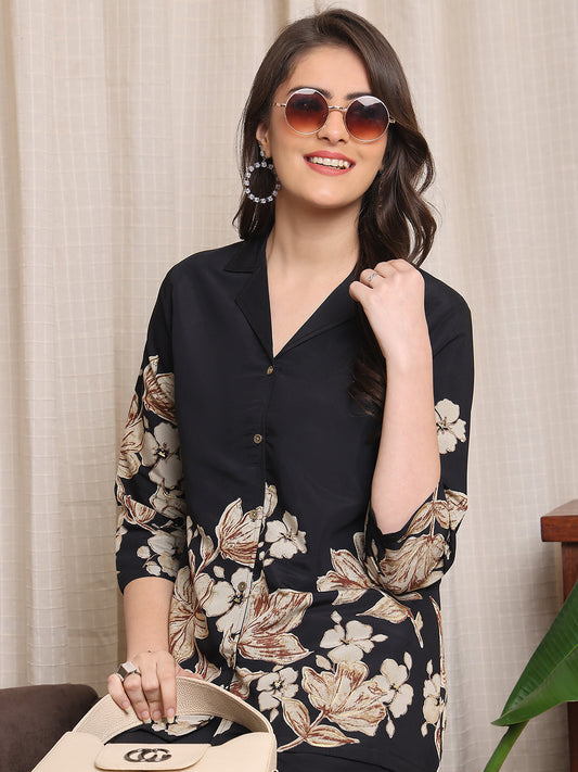 Black Floral Printed Premium Chanderi Co-Ord Set for Women |  All Size |