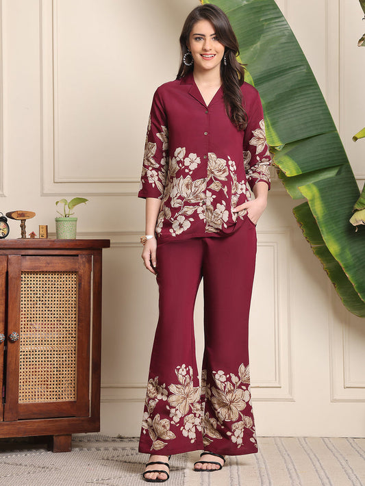 Wine Floral Printed Premium Chanderi Co-Ord Set for Women