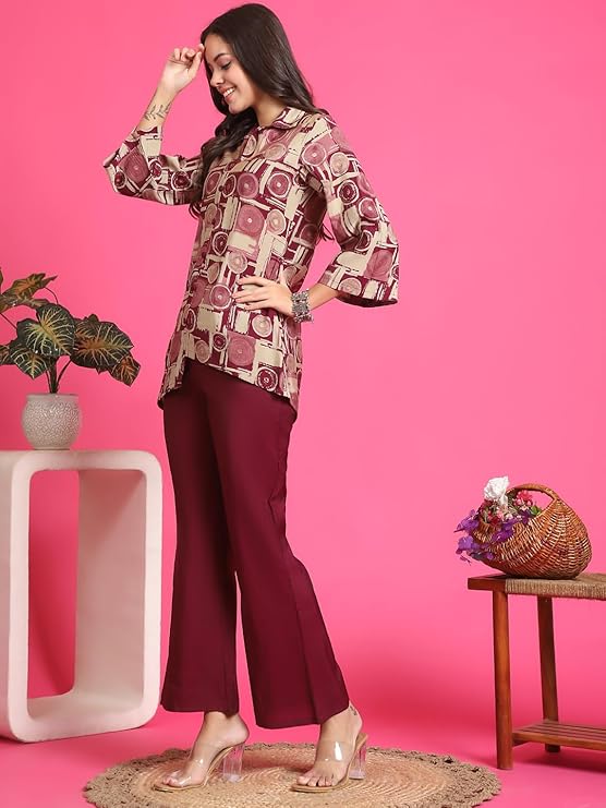 Maroon Printed Shirt Collar Ethnic Co-Ord Set for Women