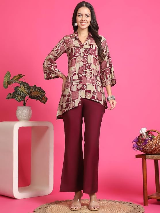 Maroon Printed Shirt Collar Ethnic Co-Ord Set for Women