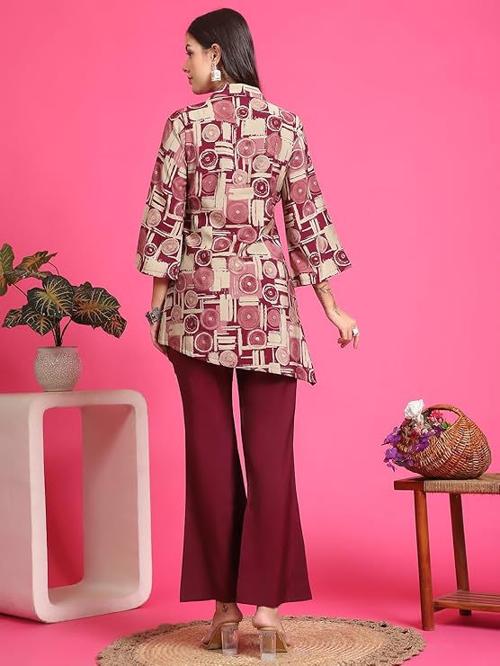 Maroon Printed Shirt Collar Ethnic Co-Ord Set for Women
