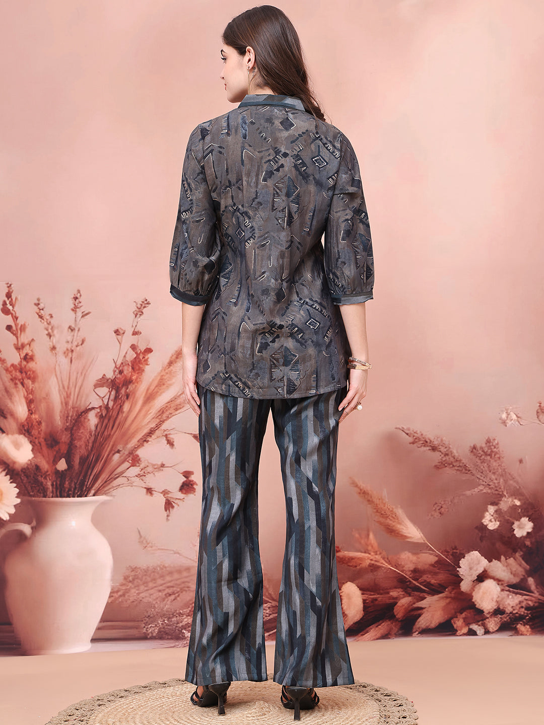 Grey Abstract Printed Chanderi Co-Ord Set for Women | S-3XL | Claura